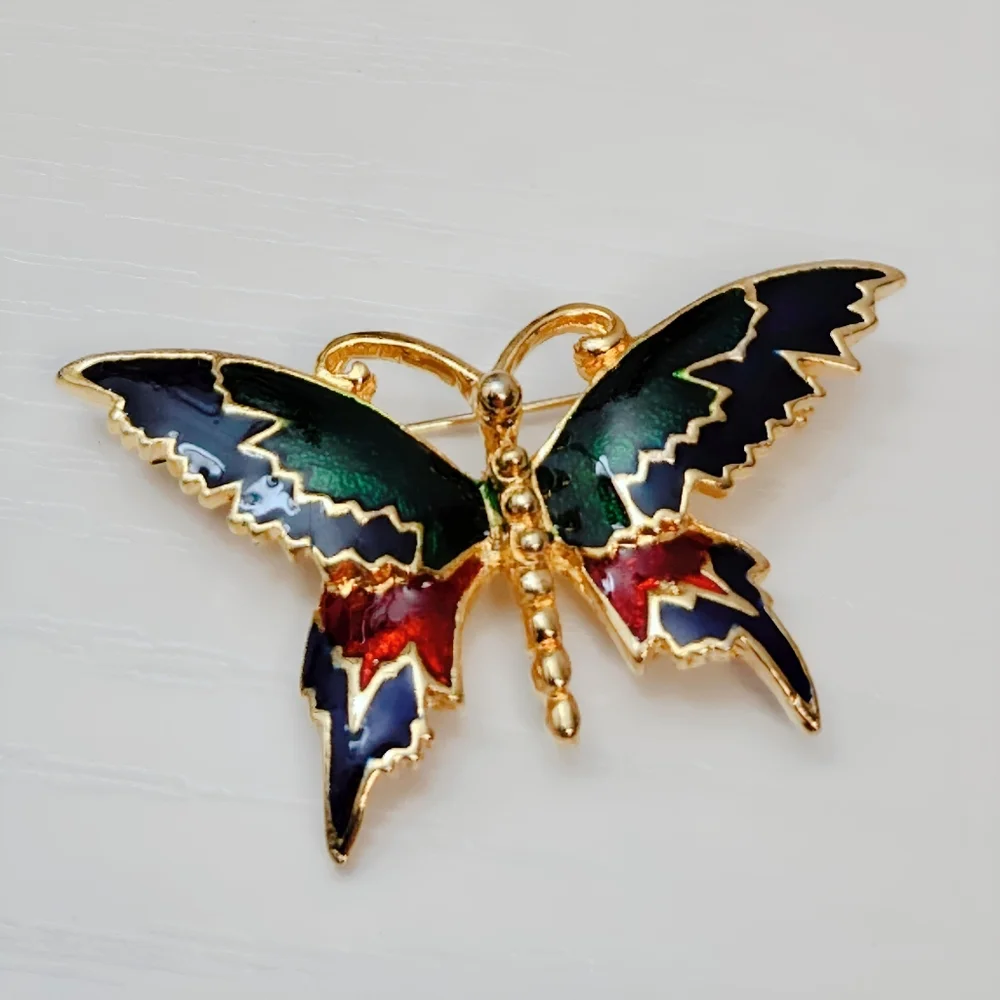 💎 2/$15 Gold tone Multi color Enamel Butterfly Brooch Pin Blue Green Red - Picture 3 of 7